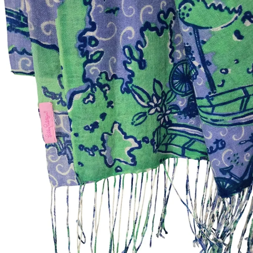 Lilly Pulitzer Retired Murfee Scarf Nantucket Islands Blue Print Silk‎ Cashmere